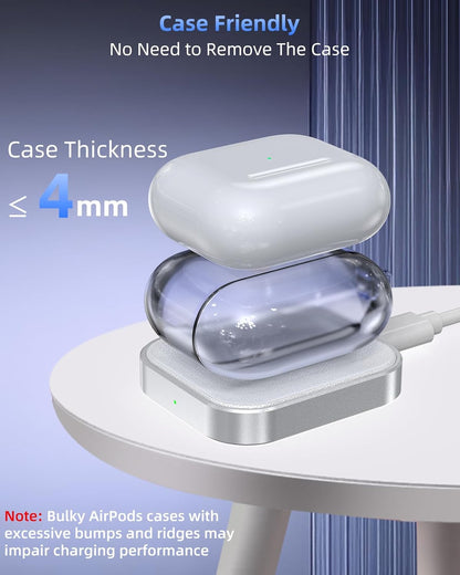 For Airpod Charger, Designed Wireless Charger for Airpods 4(Anc)/3Rd/2Nd Gen, for New Airpod Pro 3 (2025)/ 2Nd Gen, Wireless Earbuds, Slim & Compact for Travel Home Office, (Silver+White)